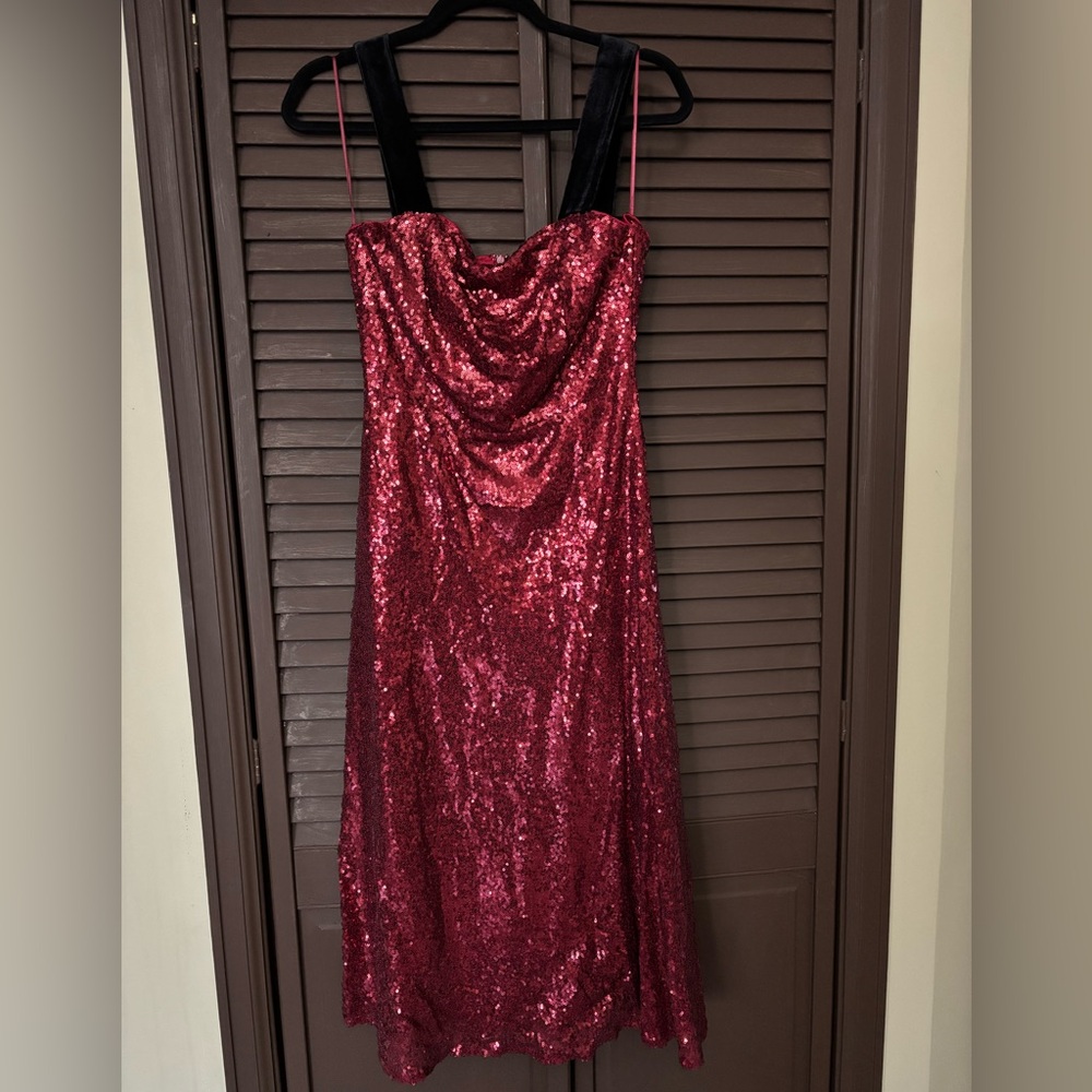 NY & Co LENA Red Sequin A-Line Midi Dress Cowl Neck Strappy Sleeveless Size M - Picture 2 of 5